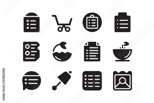 Collection of sixteen diverse vector icons, including lists, shopping, and more