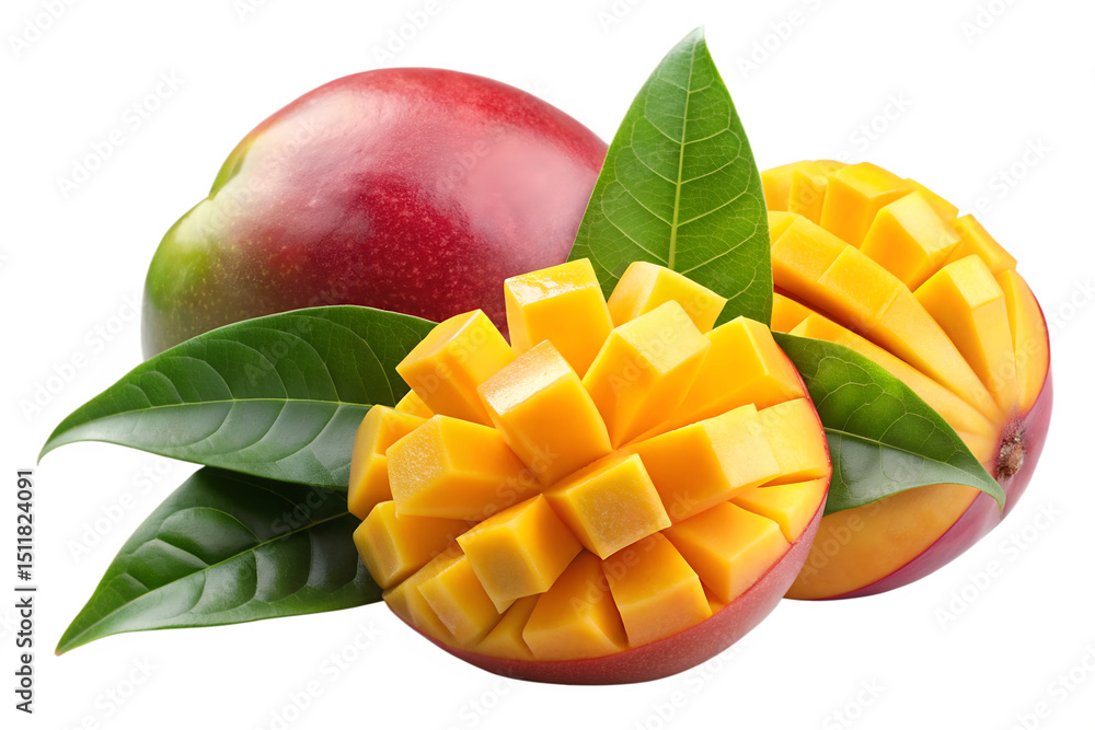 Juicy Ripe Mangoes Sliced And Whole With Green Leaves Juicy Ripe Mangoes Sliced And Whole With Green Leaves