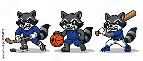 A set of three cartoon raccoons engaging in sports hockey, basketball and baseball