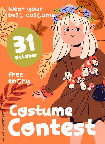 Design of kids Halloween party event poster. Advertising template of costume contest at carnival. Promotion layout of masquerade with little child in Helloween suit of fairy. Flat vector illustration