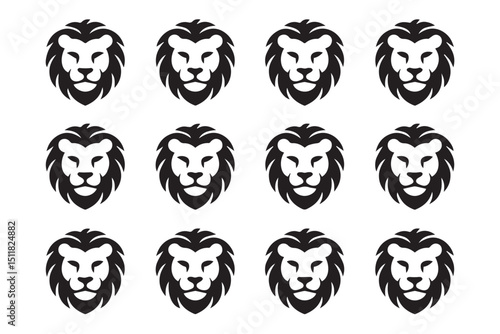 Twelve Lion Heads in a Grid Pattern, Black and White