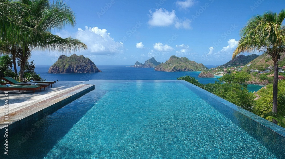 Fototapeta premium Luxury infinity pool with panoramic ocean views from a tropical hillside villa. Lush vegetation and distant islands.