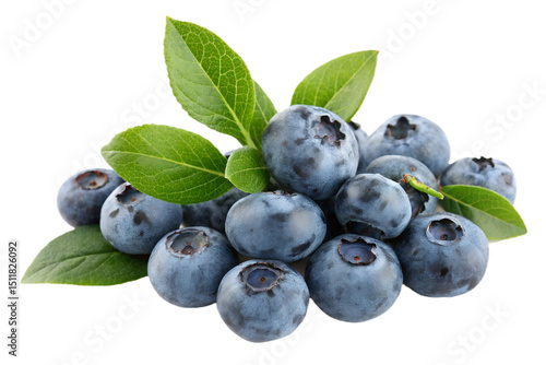 Fresh Juicy Blueberries with Green Leaves Isolated on White