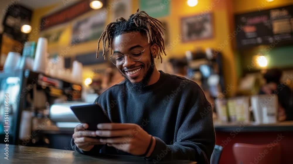 Young man enjoying using tablet in a coffee shop with relaxed ambiance Young man enjoying using tablet in a coffee shop with relaxed ambiance