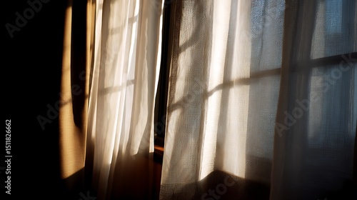 Morning sunlight casting soft flowing shadows through light curtains onto a peaceful interior space, evoking calm, mindfulness, wellness, and cozy minimalist living concepts.