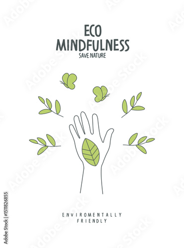Vector hand drawn cartoon sketch of supporting hand with green leaf. Sustainable lifestyle. Plastic free ecological poster. Zero waste Concept.