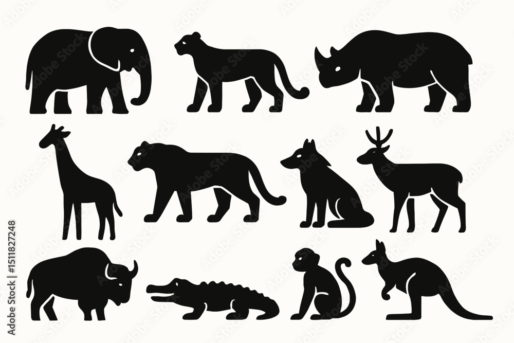 Fototapeta premium Silhouette collection of diverse wild animals in black on white background