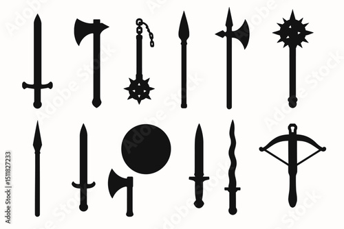 Collection of medieval weapons silhouettes: axe, sword, spear, mace, crossbow