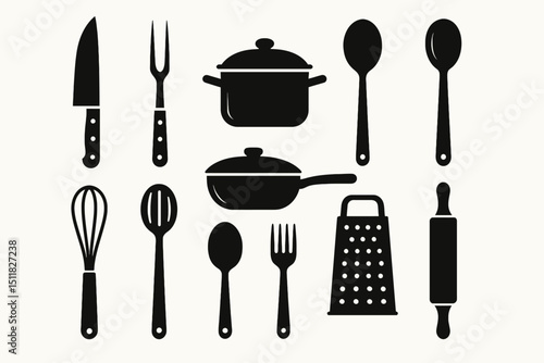 Silhouette kitchen utensils: knife, fork, pot, spoon, whisk, grater, rolling pin