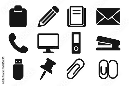 Set of black office icons including pencil, computer, phone, and paperclip
