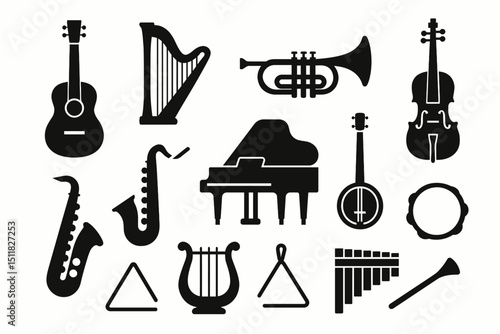 Silhouette collection of musical instruments: guitar, piano, violin, harp, saxophone, trumpet