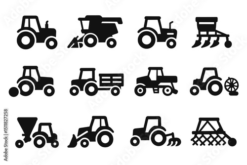 Black tractor and farming machinery icons set