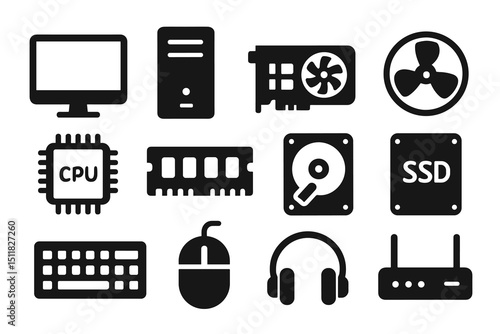 Computer hardware icons: monitor, cpu, gpu, ssd, keyboard, mouse, router