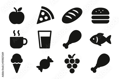 Collection of black food icons including pizza, burger, and fruit
