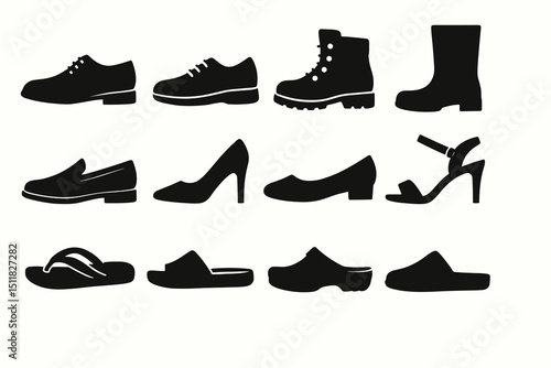Silhouette collection of various footwear styles: loafers, boots, sandals, heels