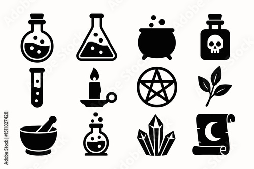 Alchemy icons: potions, crystals, herbs, candle, pentagram, and scroll