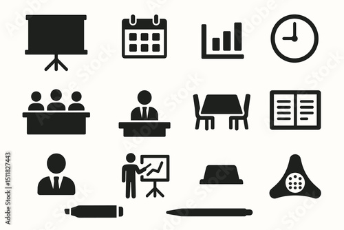 Set of business and office icons including presentation, meeting, schedule, and communication symbols