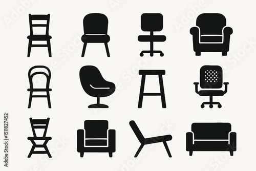 Collection of various chair and seat silhouettes in different styles and designs