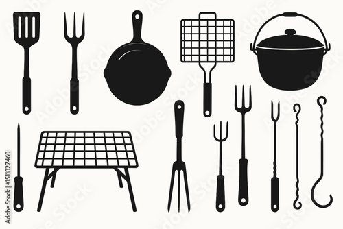 Silhouettes of grilling tools and cookware on white background