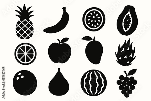 Silhouette collection of various fruits including pineapple, banana, apple, mango, and more