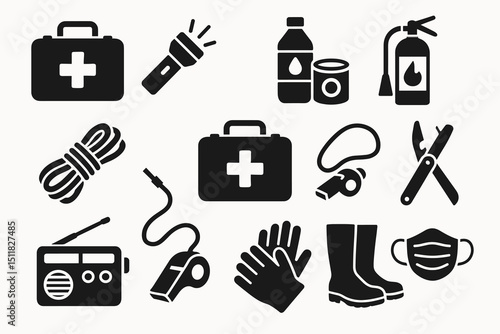 Essential emergency supplies icons: first aid kit, flashlight, water bottle, fire extinguisher, rope, whistle