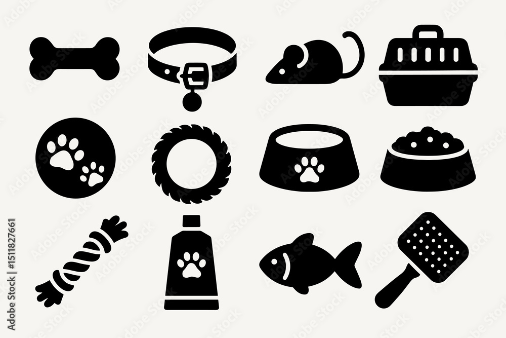 Silhouette icons of essential pet supplies and toys for dogs and cats Silhouette icons of essential pet supplies and toys for dogs and cats