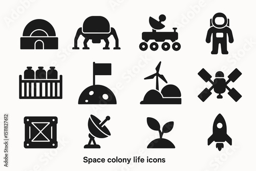 Space colony icons: habitat, rover, astronaut, wind turbine, satellite, rocket
