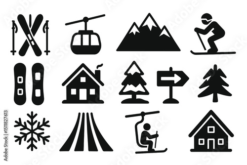 Winter sports and ski resort icons featuring skier, chalet, and gondola