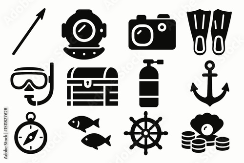 Diving equipment icons: vintage helmet, camera, flippers, snorkel, anchor, and more