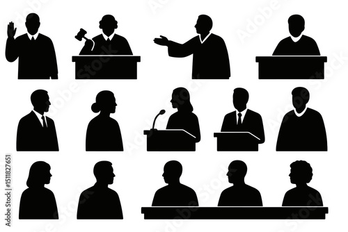 Courtroom silhouettes of male and female figures in professional attire