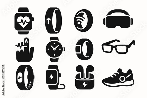Smart wearable technology icons: watch, bracelet, vr, earbuds, fitness