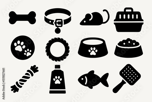 Silhouette icons of essential pet supplies and toys for dogs and cats
