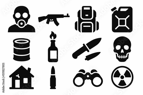 Survival icons: gas mask, rifle, backpack, knife, hazard symbols