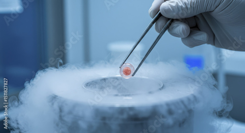 Hand with Glove Using Tweezers Holds Egg Cell Over Container with Liquid Nitrogen and Smoke
