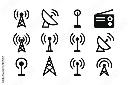Set of black wireless communication icons: antennas, satellites, and radio