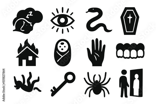 Collection of dark symbols featuring snake, eye, spider, and key