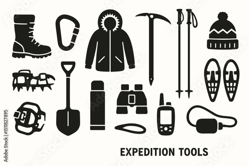 Essential expedition tools collection: gear for winter adventure and hiking equipment