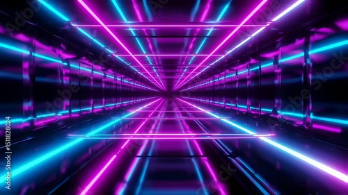 Futuristic neon tunnel background with glowing lines and reflections loop