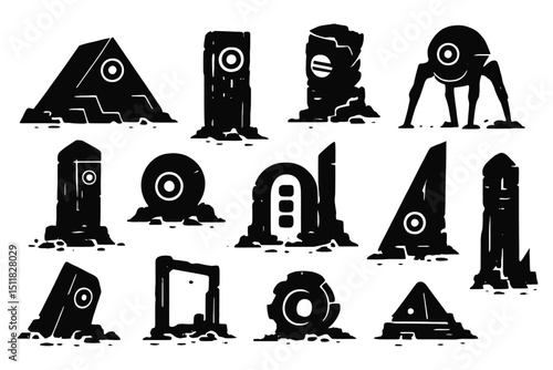 Collection of mysterious ancient monolith silhouettes on dark background