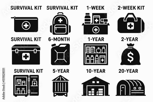 Comprehensive emergency preparedness icons: short-term to long-term survival kits
