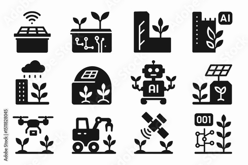 Smart agriculture icons: robots, ai, drones, solar panels, and sensors