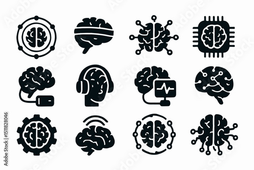 Brain technology icons: ai, neural networks, circuitry, connectivity, innovation