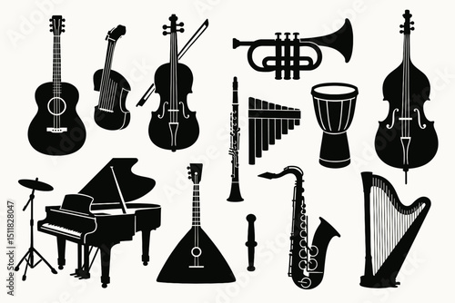 Silhouette collection of classic musical instruments including piano, violin, guitar, and drums