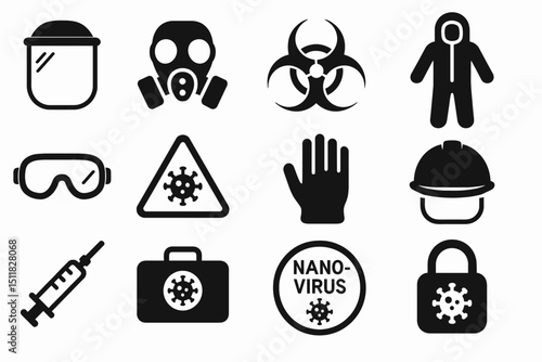 Safety icons: virus protection gear, hazmat suit, biohazard sign, goggles, syringe, helmet