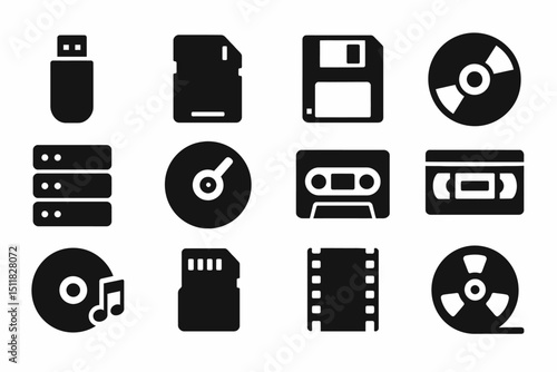 Icons of digital and analog storage devices: usb, sd card, floppy disk, cd, cassette, and more