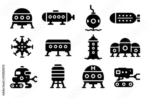 Collection of futuristic black silhouette spaceships and submarines on brown background