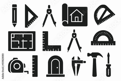 Collection of black architectural tool icons including compass, ruler, and protractor designs