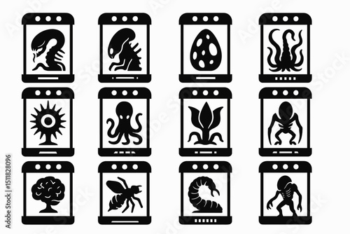 Iconic alien creature silhouettes: monsters, plants, insects, eggs