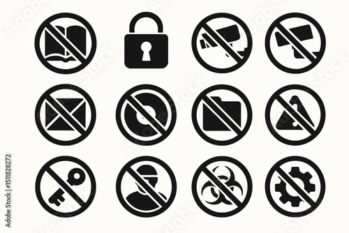 Set of security and prohibition icons for various warnings and restrictions
