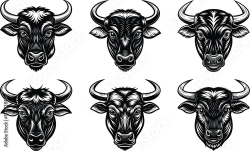 black Set of vector black silhouettes of bull icon isolated a white background, 
